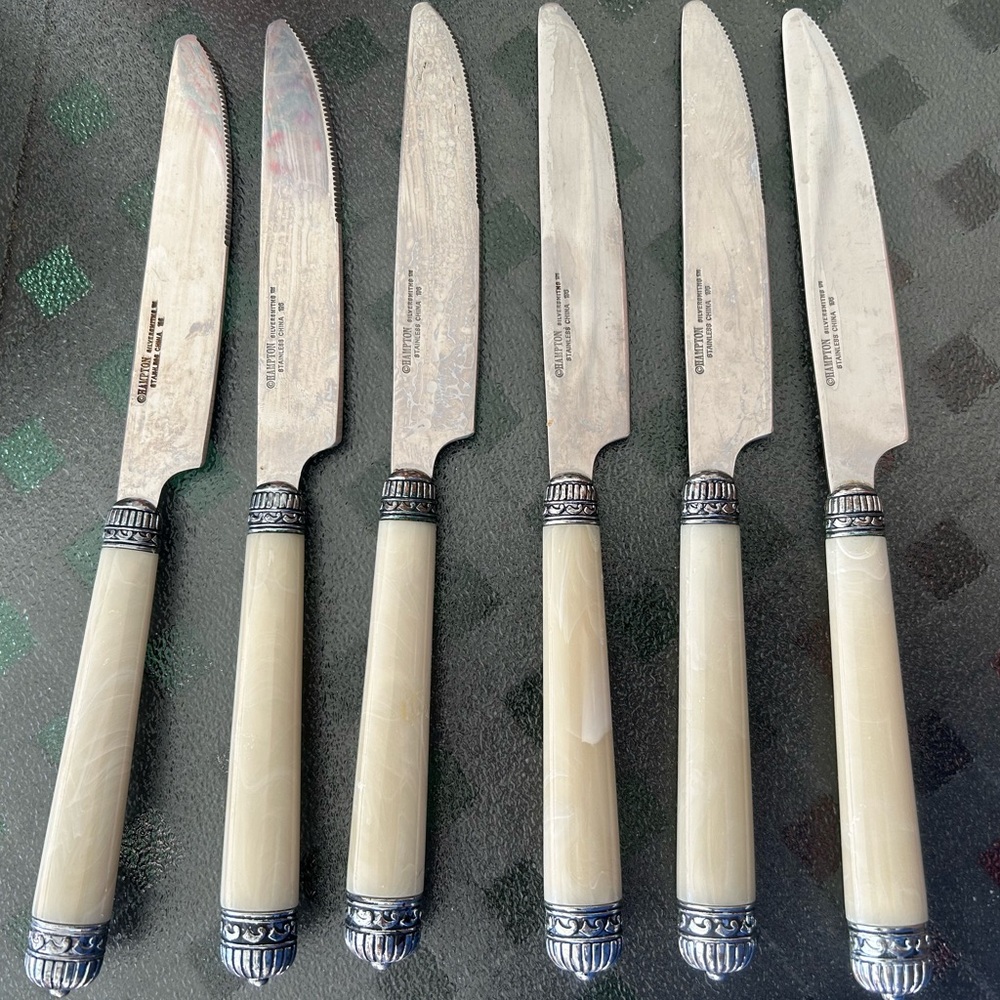 6 replacement Hampton kitchen stainless silverware knives w/ Bone-like handles
